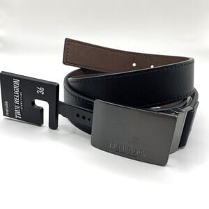 True Religion Reversible Belt Men Size 36 Black Brown Plaque Buckle NWT Gift